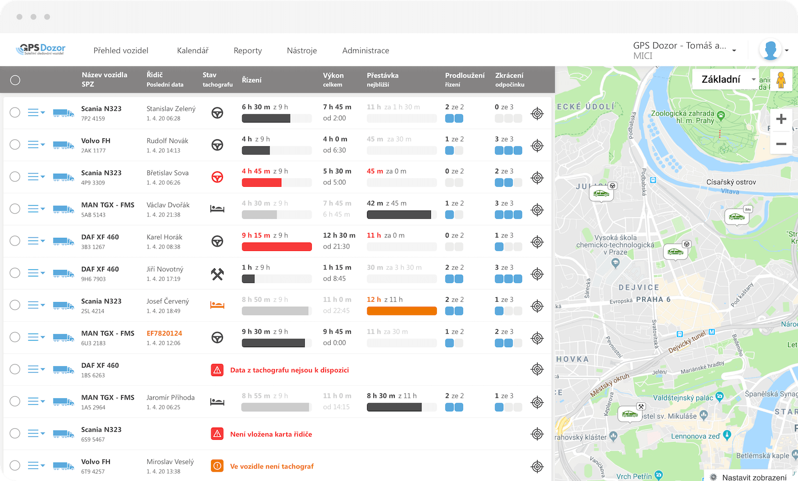 Valós idejű adatok a tachográfból